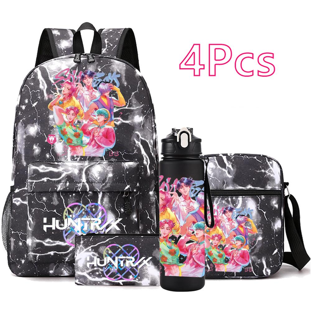 4Pcs/set Cartoon K-pop Printed Backpack Large Capacity Bookbag Shoulder Bag Case Bag with 750ml Water Bottler Boy Girl School Bag Kid Gift