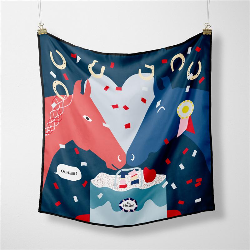 Twill Silk Scarf Woman Wheel Painting Square Scarves Wraps Bandana Small Hijab Silk Foulards Tie Headband Neckerchief 53CM