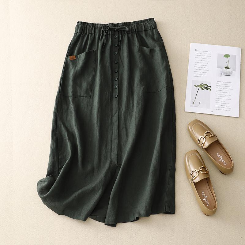 Spódnica Bawełniano-Lniana A-Line z Wysokim Stanem Damska Design Sensation Skirt Retro Jednolity Kolor Wzór do Pracy Lato