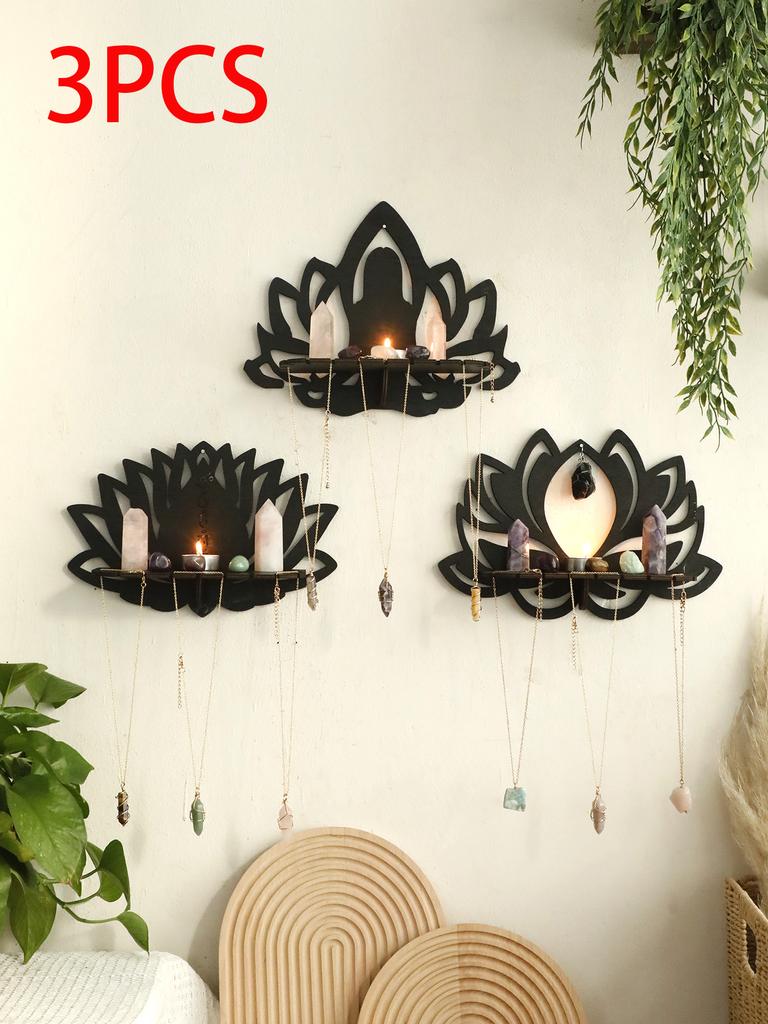 Lotus Ccrystal Shelf Display Black Wooden Wall Shelves Boho Floating Wall Shelf for Bedrooms Offices Living Room Aesthetic Gift