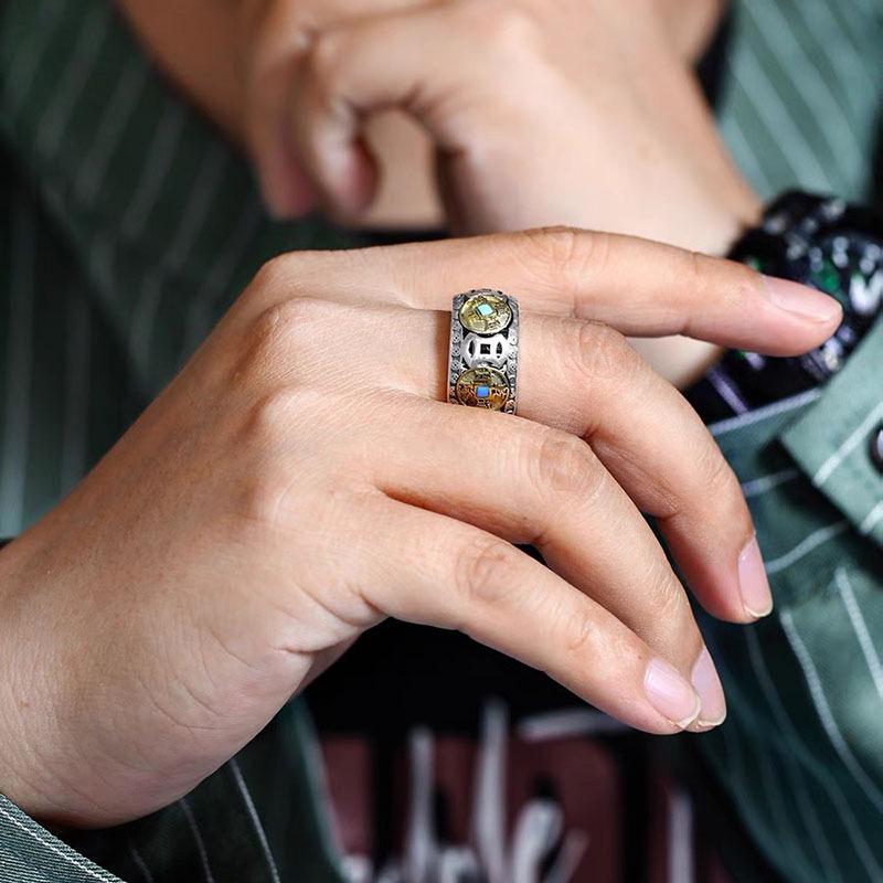 Men's Retro Five Emperors Rotating Coin Ring - Chinese Style Ethnic Open Index Finger Ring