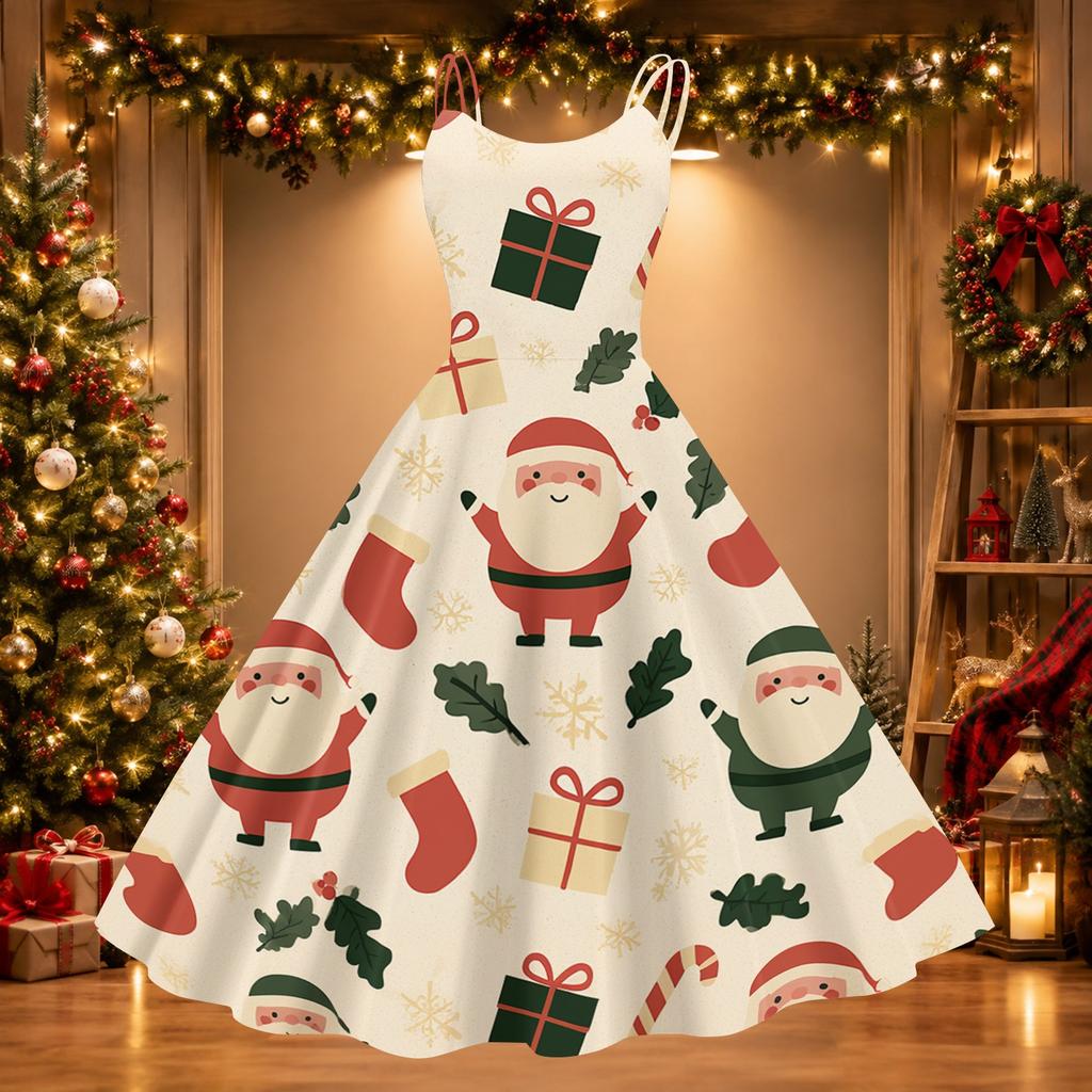 Women's Sexy Off Shoulder Christmas Print Retro Dress for Party