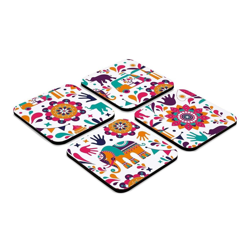 Set mit Geschenkbox, indisches Design, 4er-Set quadratische Untersetzer für den Tisch, 9,5 x 9,5 cm, Küchentisch, Holz-Dekorationsartikel für Tassen, Becher, Dosen, Gläser