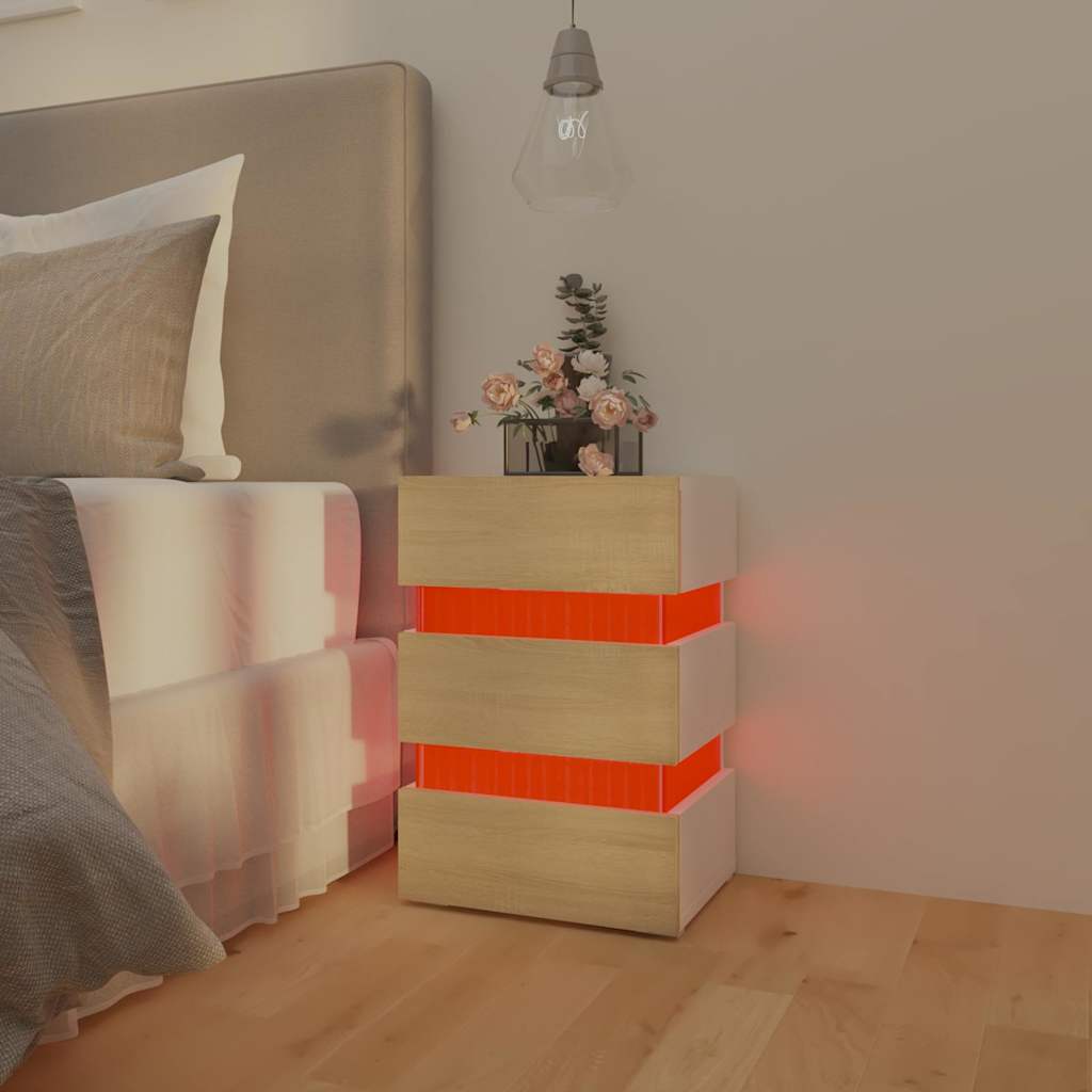 LED Nightstand in White and Sonoma Oak 45 x 35 x 67 cm Particleboard