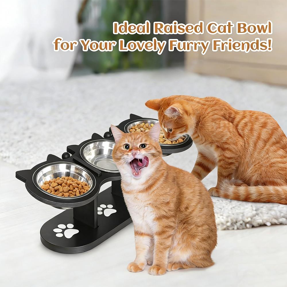 Elevated Black Cat Ear 3 Bowl Cat Feeder Solid Wood Frame and Stainless Steel Bowls Pet Feeding Rack for Indoor Multiple Cats