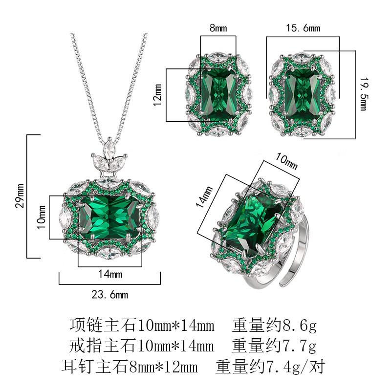 Womens Fashion Jewelry Set With Green Gemstone Zircon Accents Necklace Earrings Ring In Geometric Square Design