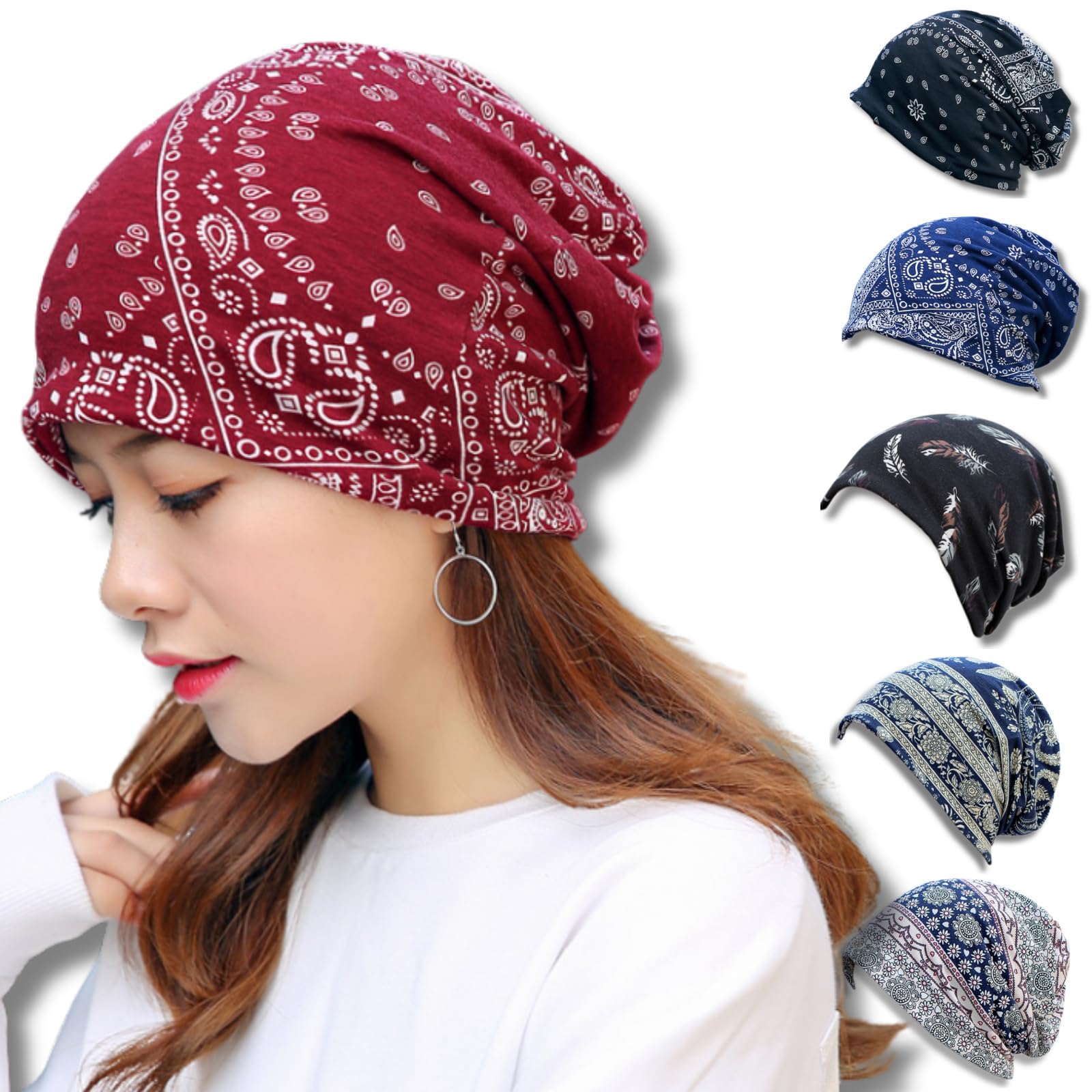 

Airtone Bandana Cap Women s Medical Cap Soft Fabric Stylish Item Non-Irritating Cold Protection Many Ways to Wear (Paisley Red)