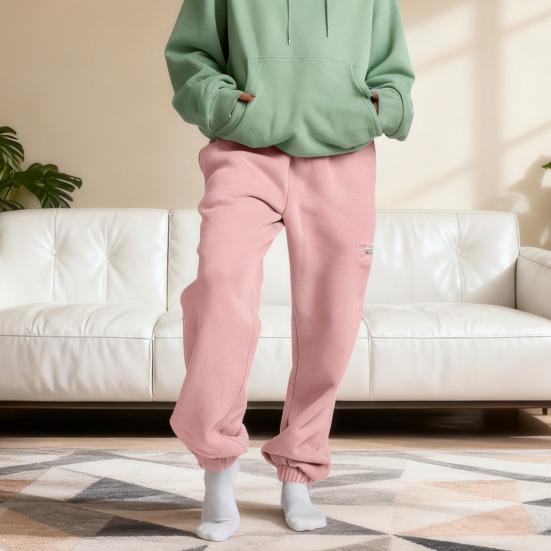 Women Sweatpants Elastic Waist Wide-Leg Casual Trousers with Pockets Solid Color Thickened Plush Lining Sport Sweatpants