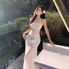 French Super Fairy Vacation Style Sexy Perspective Mesh Flower Tube Top Dress Women's Design Sense Slim Temperament Long Dress