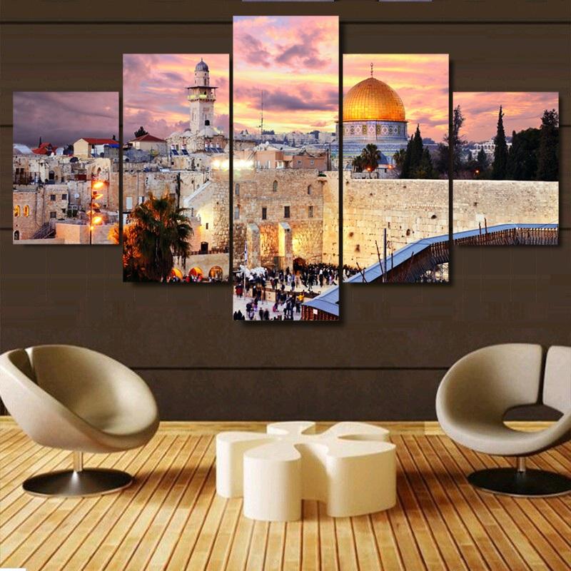 Wall Art Painting 5 Panel Canvas Printed Jerusalem Sunset Landscape Poster Modern Home Decor For Living Room Artwork Pictures No Frame