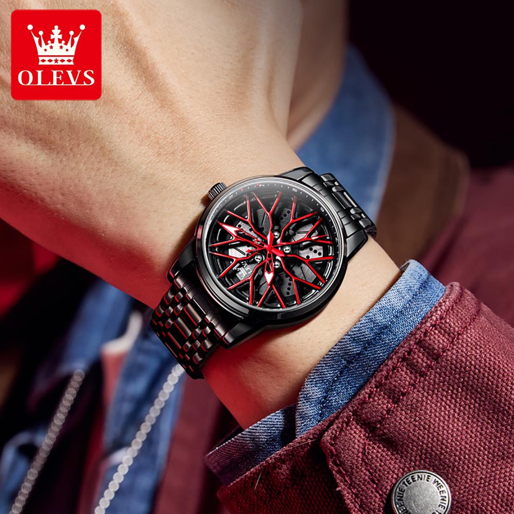 OLEVS Ceas de modă pentru bărbați Jantă roată butuc roată mașină sport Cadran rotativ 360° Ceasuri cu quartz Impermeabil Oțel inoxidabil Ceas de mână pentru bărbați