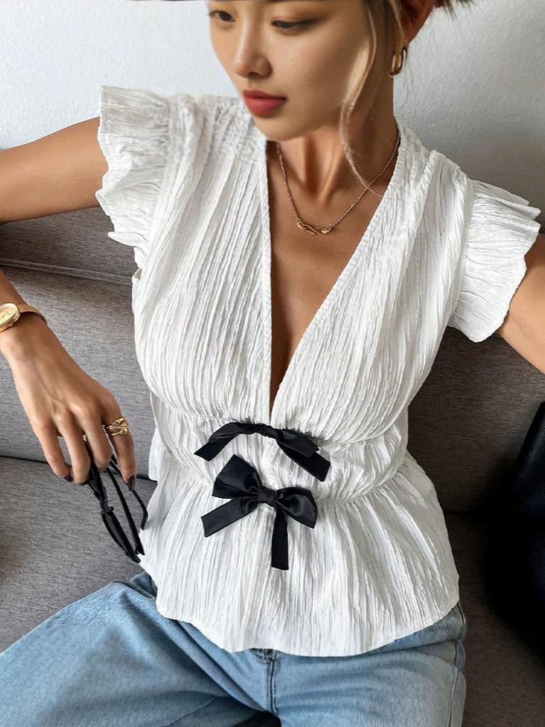 Women's summer vacation style European and American short-sleeved shirt bow cardigan shirt women's