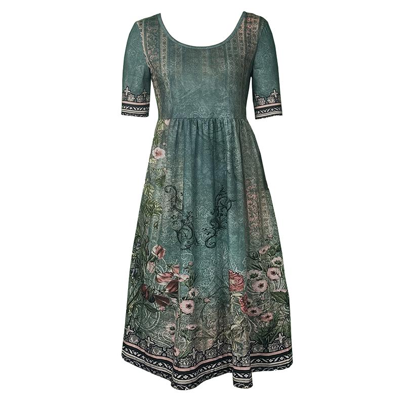 Sommer Böhmisch Bedrucktes Übergröße Damenkleid Mode Rundhals Kurzarm Lässige Lange Kleider Damen Elegant A-Linie Urlaubs Strandkleid 26653