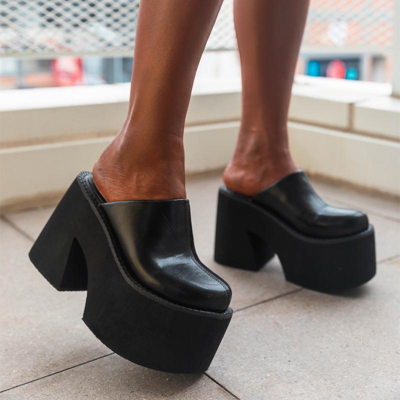 Geschlossene Zehen-Plateau-Pantoletten mit klobigen Absätzen, Schuhe für Damen, dicker Boden, schwarz, hohe Plateau-Slingbacks, tägliches Tragen, bequem