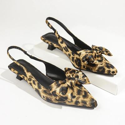 Leopard Women Mid Heels Sandals Bow Pointed Toe Heeled Shoes Sexy Fashion Pumps 2025 Trend Slingback Shallow Sandalias De Mujer