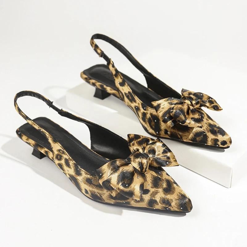 Leopard Women Mid Heels Sandals Bow Pointed Toe Heeled Shoes Sexy Fashion Pumps 2025 Trend Slingback Shallow Sandalias De Mujer