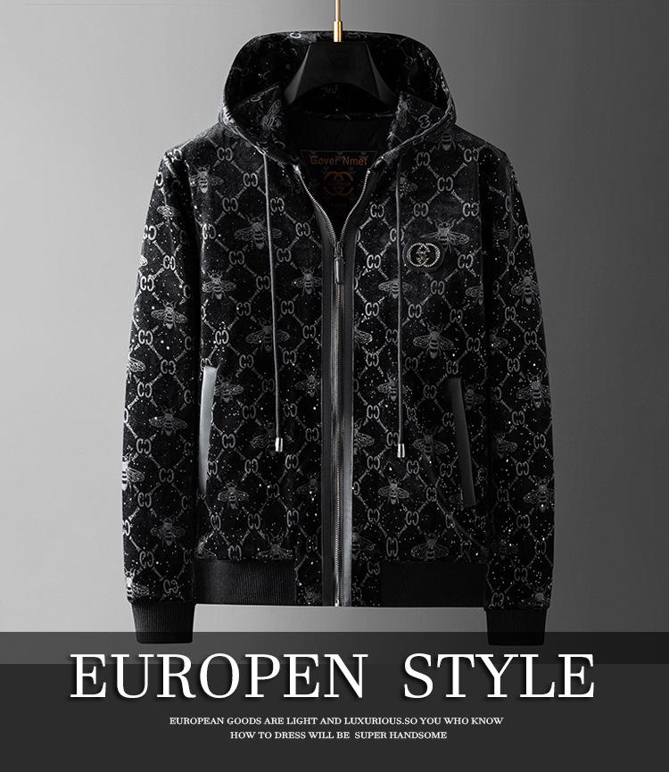 2024 Vinter Europeisk High-End Herr Suede Tryckt Huva Bomullsjacka - Casual Varm Rock