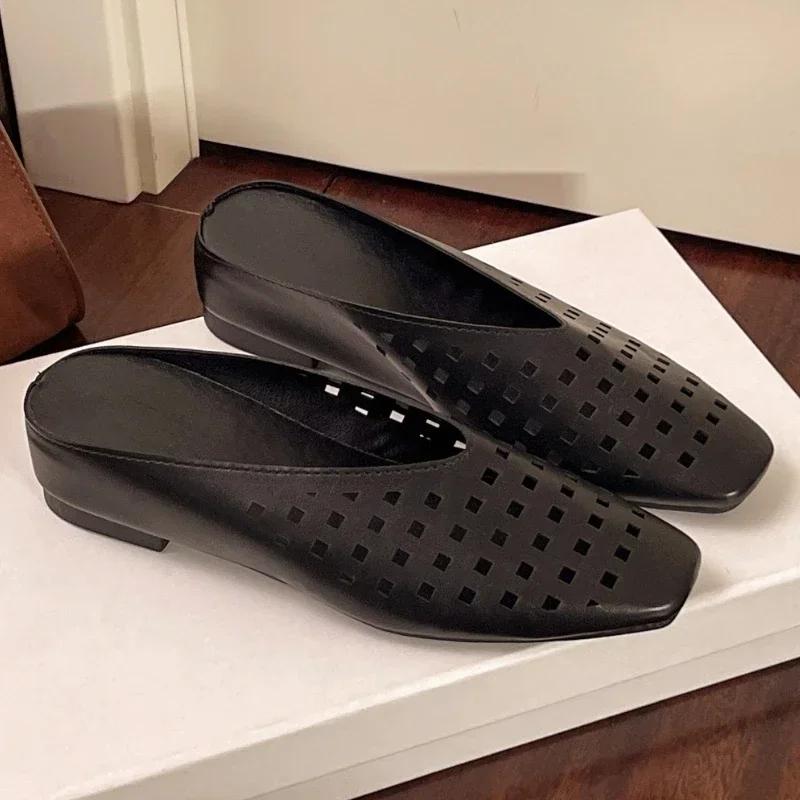 Square Toe Shallow Mouth Air Leakage Hole Soft Sole Non-slip Low Heel Shoes Summer New Baotou Soft Sole Slippers