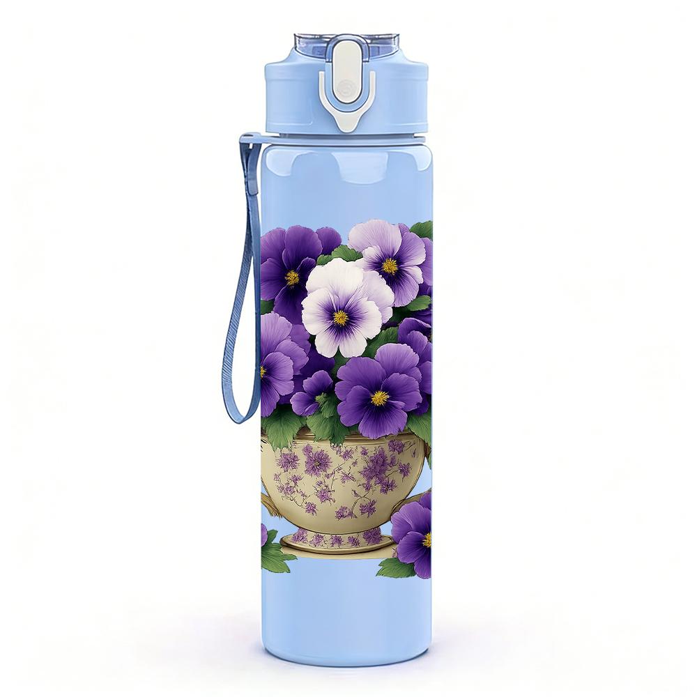 1PC Pansy Flower Pot Layout 750ml Color Plastic Sports Water Bottle Leakproof Flip Straw Lid For Sports Office Home Use