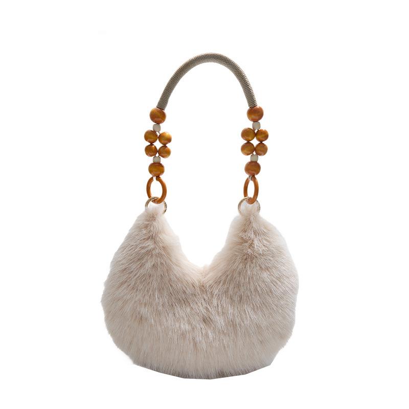 Autumn and Winter New Wooden Bead Portable Plush Shoulder Bag Handbag Texture Fashion Bag Female Sweet Cute Armpit Bag
