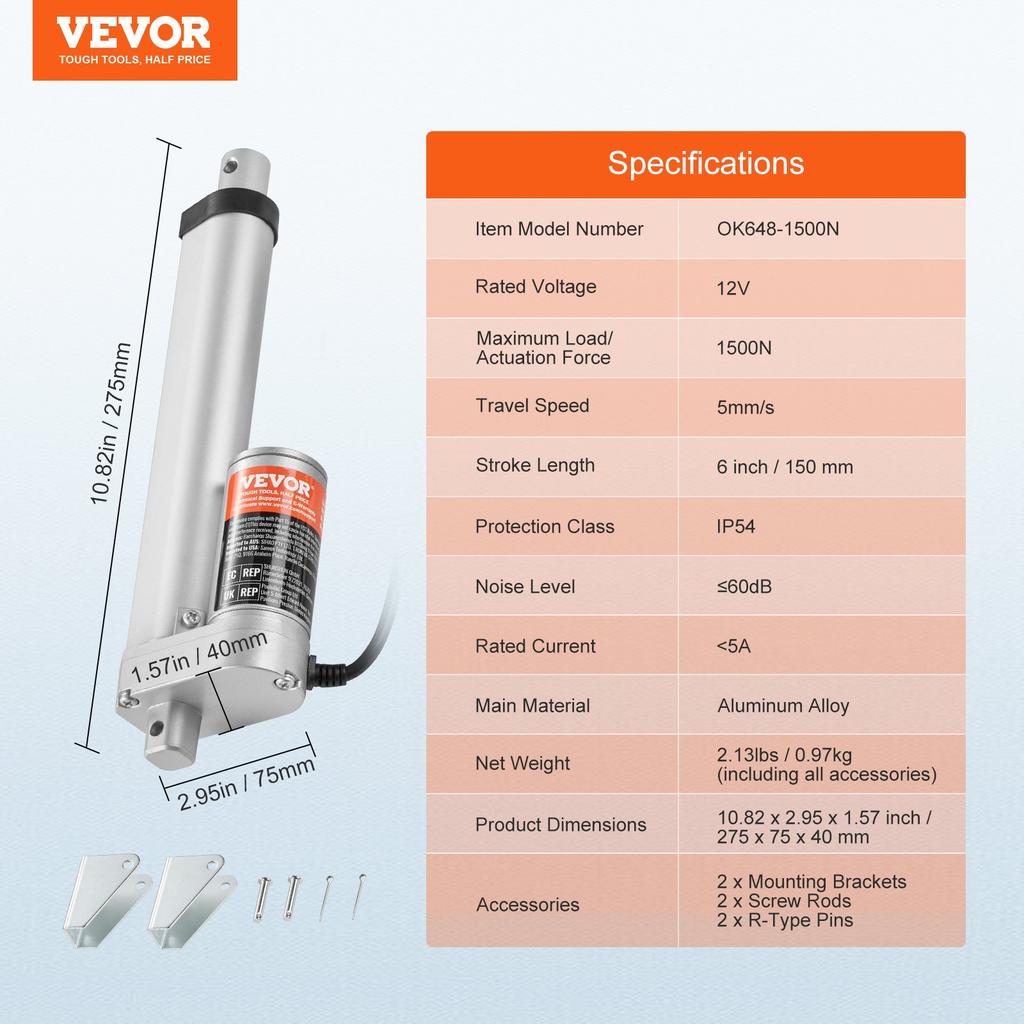 VEVOR Linear Actuator 12V 15.2 Cm High Load 149.7 kg/1500N 0.5 Cm/s IP54 Protection