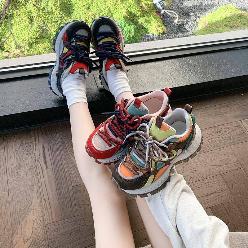 Modne Sportowe Buty na Grubej Podeszwie Damskie Wiosna Jesień Nowa Kolekcja Retro Kolorowe Bloki Codzienne Wygodne Damskie Trampki