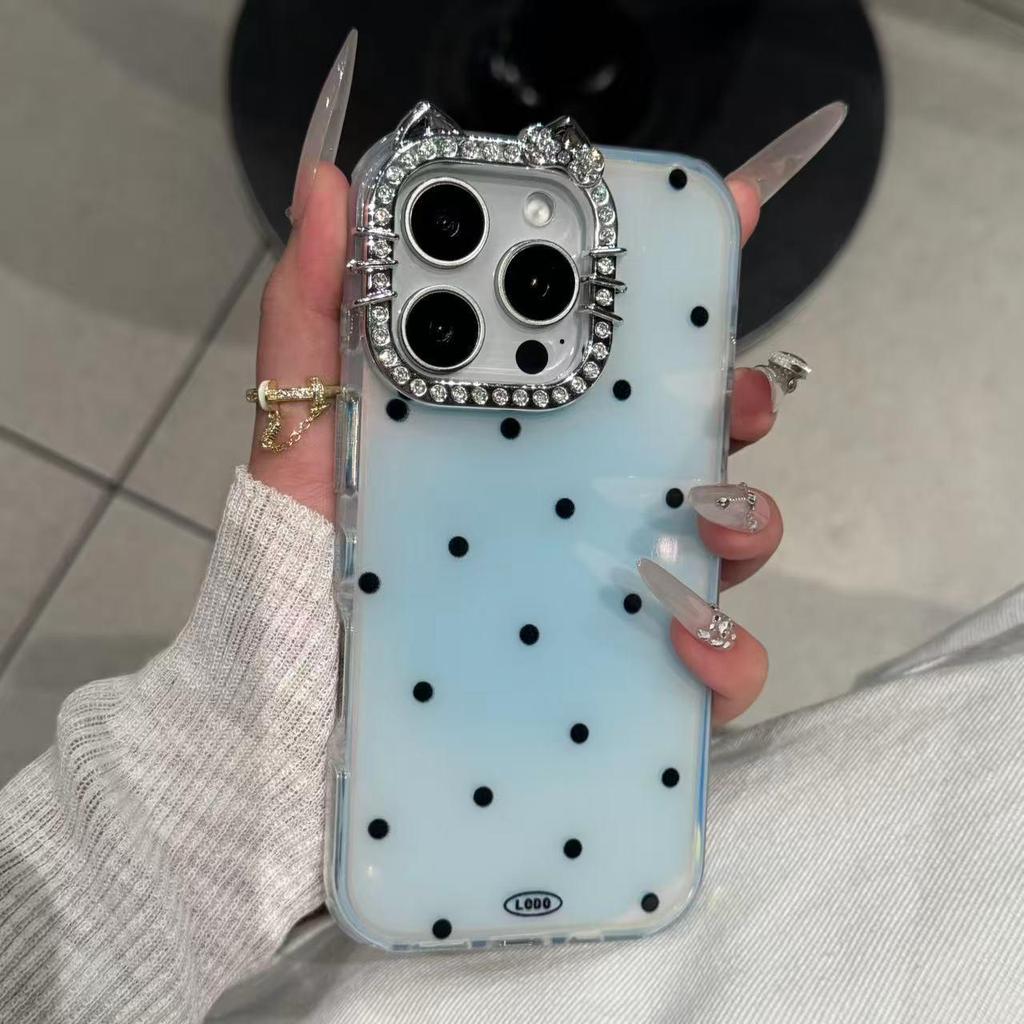 INS Style Full-Screen Polka Dot Cat Lens Case for iPhone 17/16 Pro Max - Simple Design for iPhone 15/13
