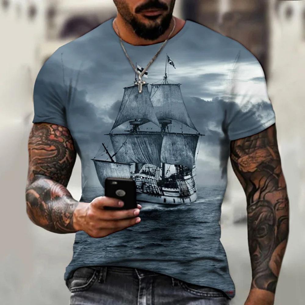 Sailing Style, Men's T-shirt, Short Sleeved Shirt, Men's Clothing, T-shirt, Pattern, Shirt