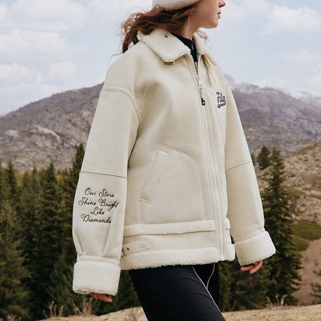 Fila Fusion Embroidered Logo Print Loose Lamb Fleece Jacket Women Jackets Mica-Beige T11W342913F-BQ
