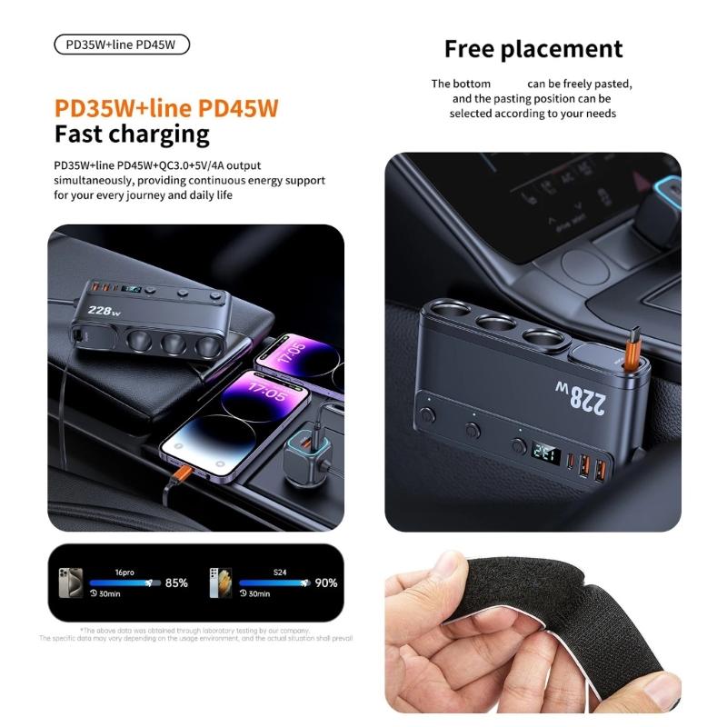 Car Chargers Splitter for Simultaneous Charging 228W Output QC3.0 PD45W with Telescoping USB C Cable LED Battery Monitor