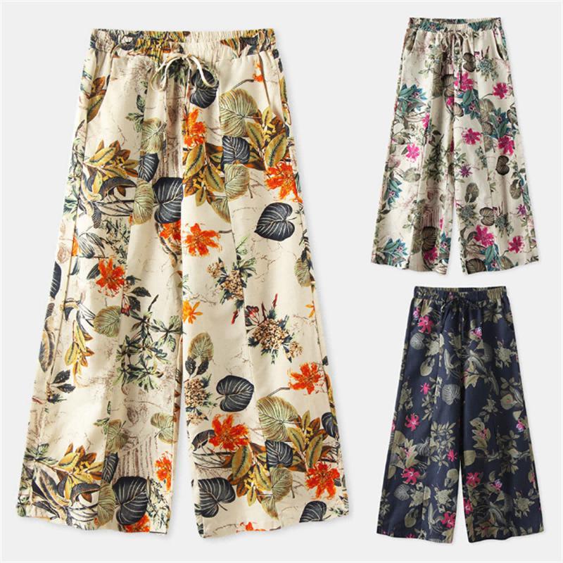 Pantaloni cu imprimeu floral Pantaloni largi din bumbac cu talie inalta