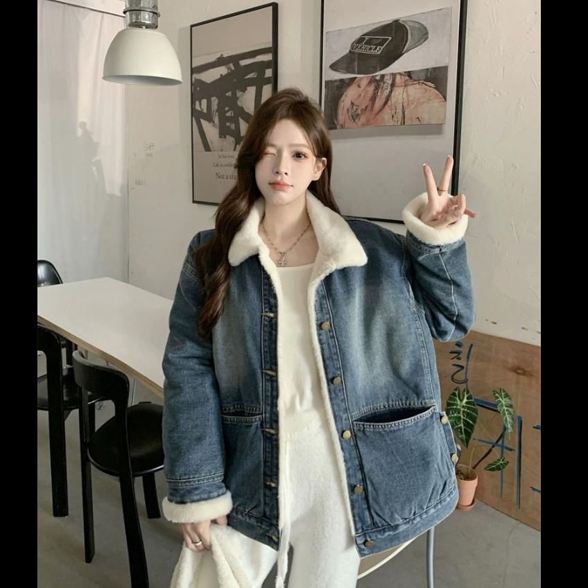 Denim Jacket Women's Plus Velvet Thick Warm Jacket Washed Denim Casual Large Loose Jacket