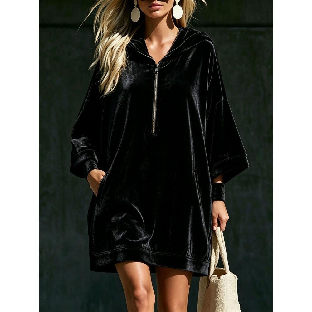 Autumn Winter Velvet Hooded Dress Half Zip 3/4 Sleeve Pocket Long Sweatshirt Dress Women Casual Hoodie Midi Dress