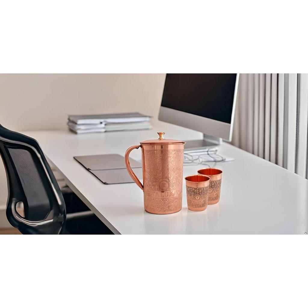 Handmade Copper Etching Embossed Jug & Glass Set 1500 ML Jug with 2 Copper Glass Pitcher for Storage Water & Serving Ware Set of 3