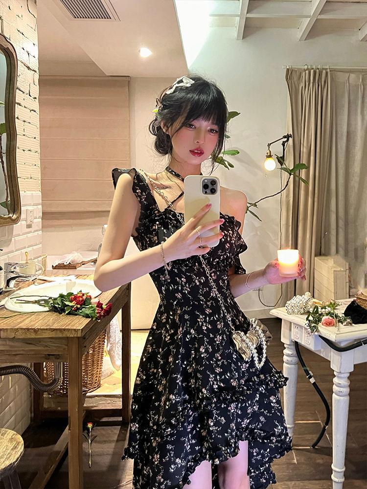 New summer floral slip dress, square neck, cinched waist, slimming, irregular design dress, super fairy