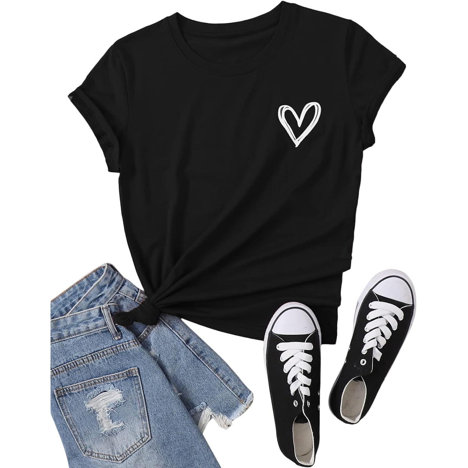 SweatyRocks Women s Heart Print T Shirts Summer Funny Short Sleeve Tops S чёрный