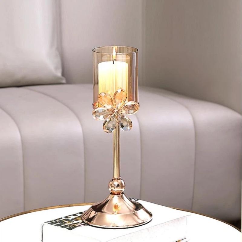 European Crystal Flower Metal Candle Holder, Vintage Romantic Candlelight Decor Stand
