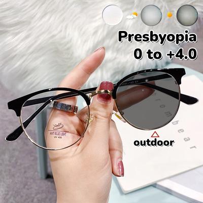 Unisex Women Anti Blue Light Eyeglasses Half Frame Metal Color Changing Reading Glasses Photochromic Presbyopia Glasses