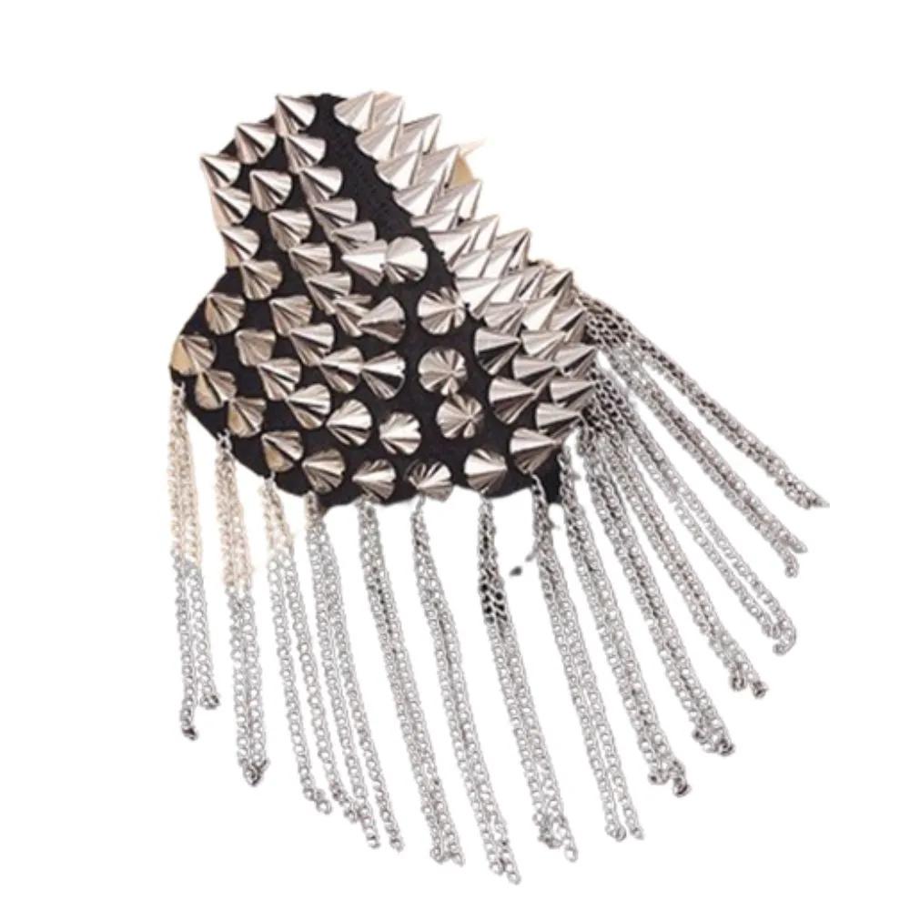 Handcrafted Shoulder Epaulet with Pointed Studs and Tassel Chains Decorative Clothing Accessory for Garment Embellishment and Costume Design One Size