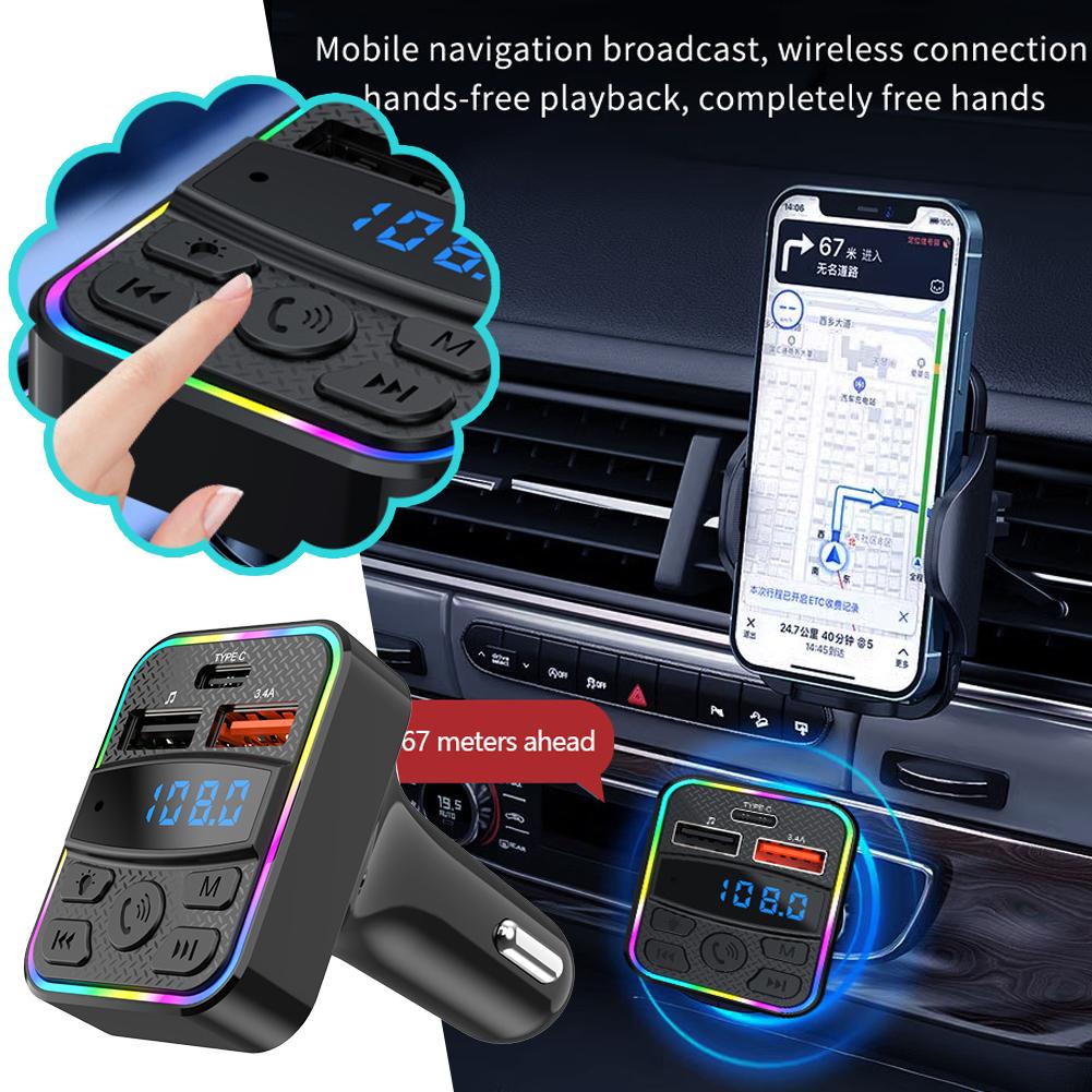 Car Fast Charge Bluetooth 5.0 FM Transmitter PD Dual Player Music Type-C Colorful Ambient MP3 Light Cigarette Lighter USB