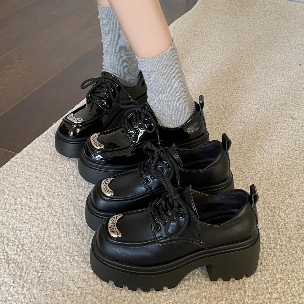 Shoe Shoes for Women Loafers High Sense  Commuting Leather Round Head Shoes Black Thick Soled Casual Leather Shoes