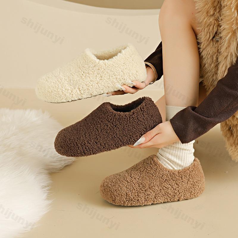 Winter New Plush Shoes for Women Comfortable Soft Warm Cotton Shoes Fashion Versatile Solid Color Fluffy Slip on Flat Shoes
