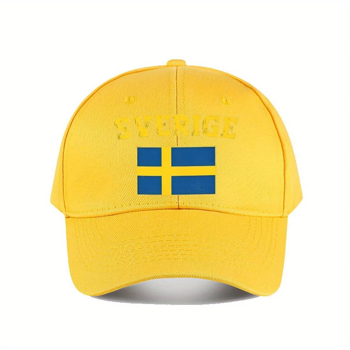 Swedish Flag Baseball Cap Unisex Black Polyester Hat with Yellow Sverige Text BlueYellowWhite Sweden Emblem Casual Adjustable