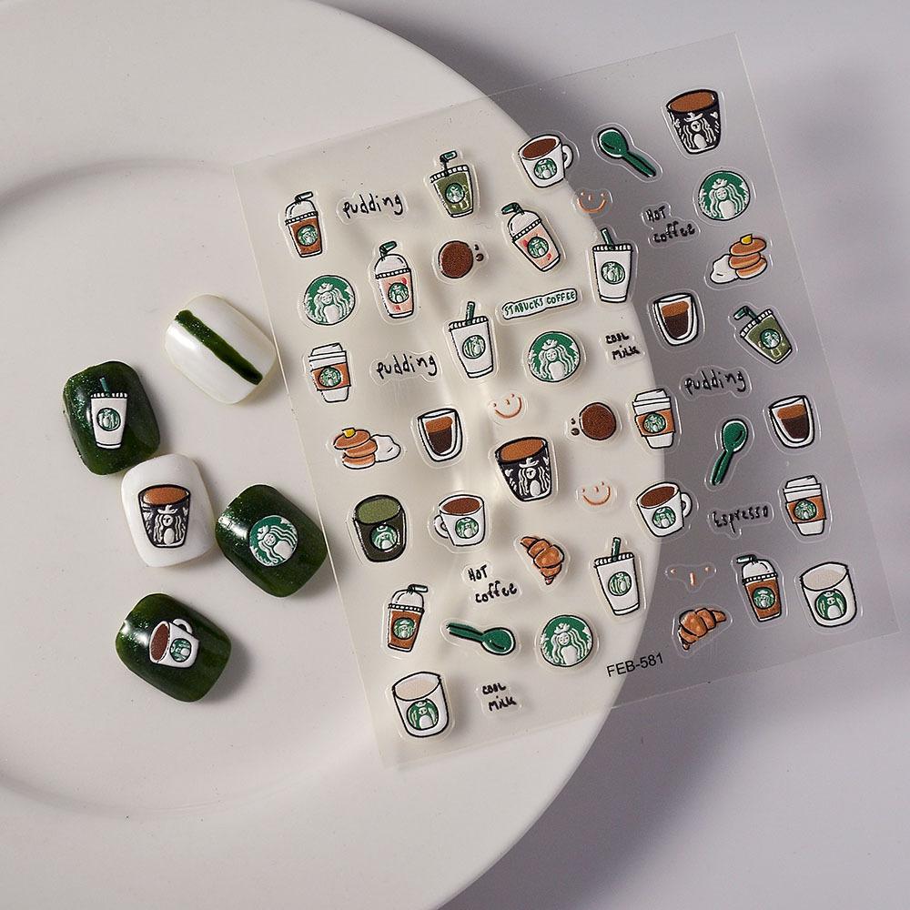 5D Raw Coconut Latte Coffee Embossed Nail Art Stickers - Reusable, Self-Adhesive Decals with Playful Cartoon Designs for Stylish Manicures