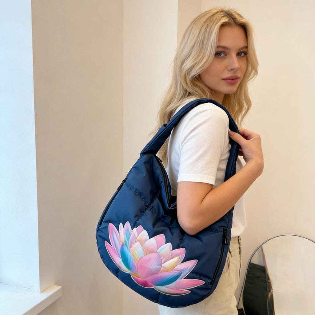 Geräumige gesteppte Hobo-Tasche mit farbenfroher Lotus-Stickerei Modische Umhängetasche für Damen Große Kapazität Tote für Reisen Tägliche Nutzung Weich gepolstert