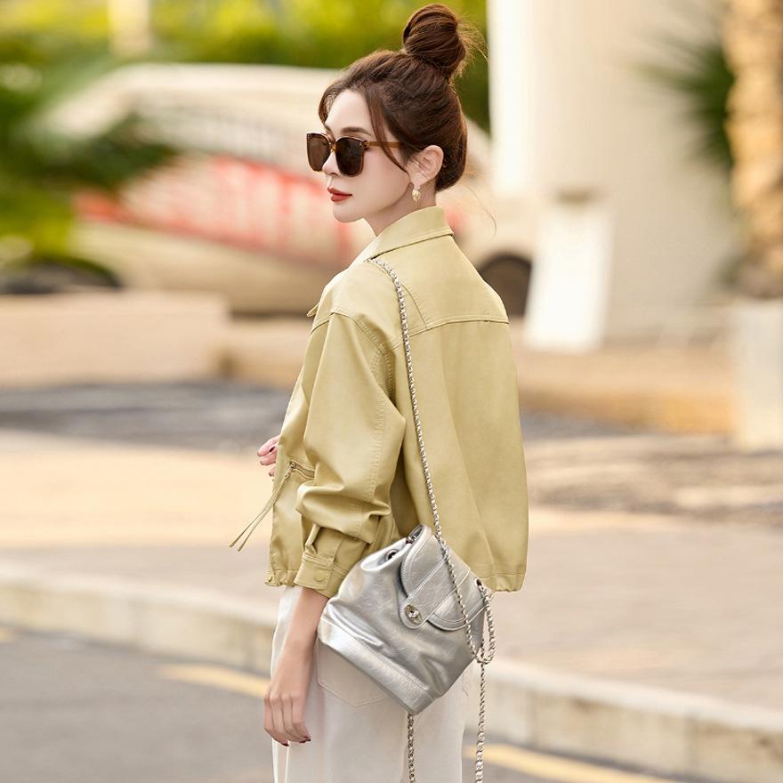 Leather jacket women's short spring and autumn new lapel casual versatile baseball jersey locomotive leather jacket top