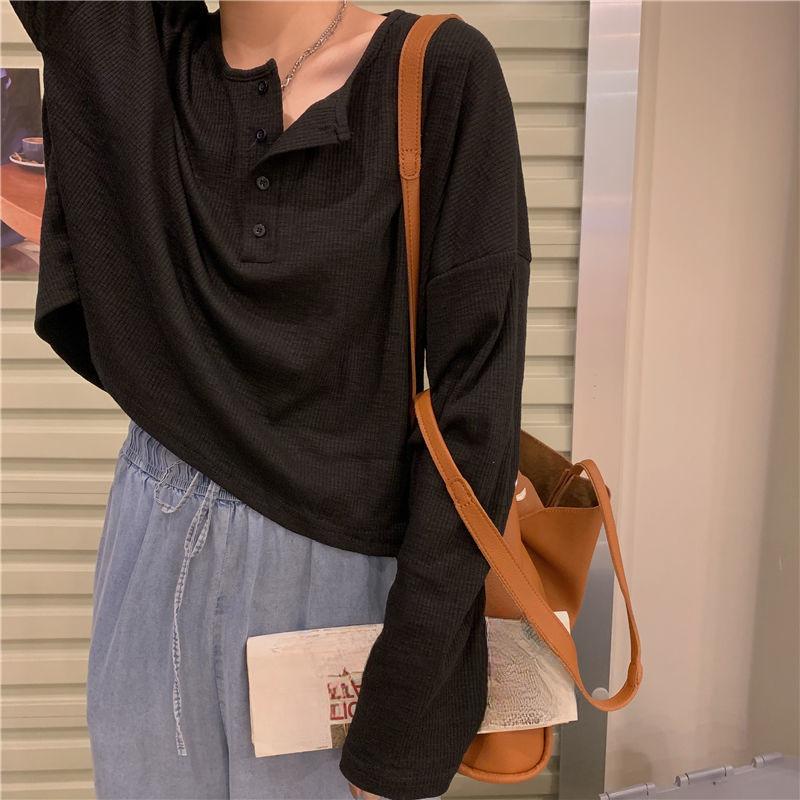 Long Sleeve T-shirts Women Elegant Simple Pure Button Design Retro Ins Autumn Ladies Tees Top All-match BF Style Mujer Clothes