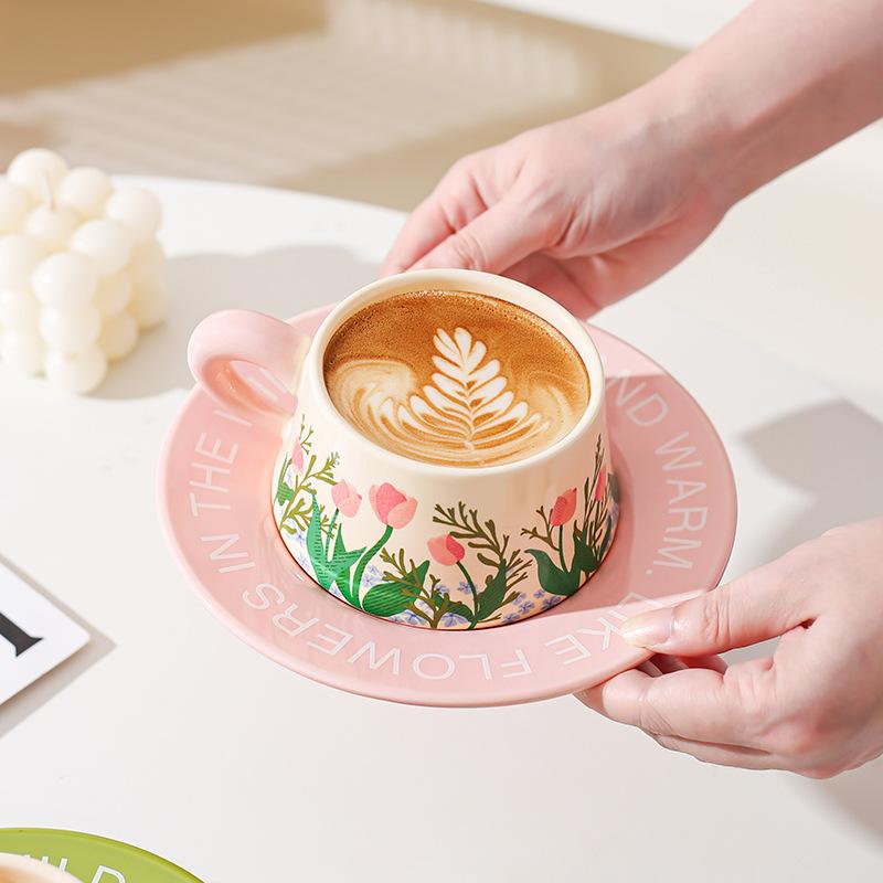 Pastoral Ceramic Coffee Cup and Saucer Set, Afternoon Tea Cup Snack Combination, High-end Sense, Fresh Literary and Romantic