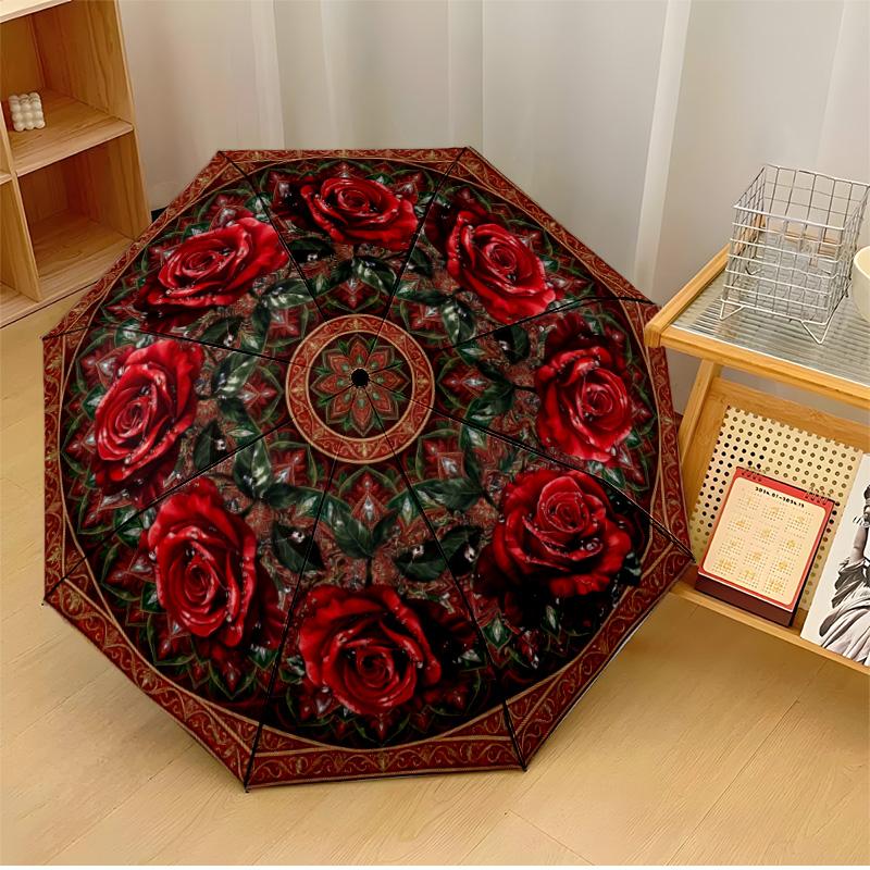 

Red Rose Mandala 2 Theme Automatic Umbrella Compact 8-Rib Design Sturdy Construction Durable Umbrella Stylish Accessory