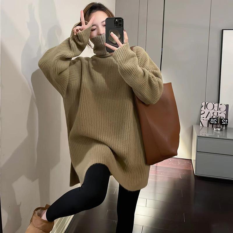 Herbst- und Winter Damen Midilanger Pullover mit Schlitzdesign Lockerer Rollkragenpullover für Damen